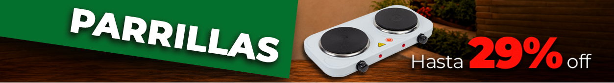 Banner showing white double electric hotplate on wooden surface with 'Parrillas' heading and 'up to 29% off' discount