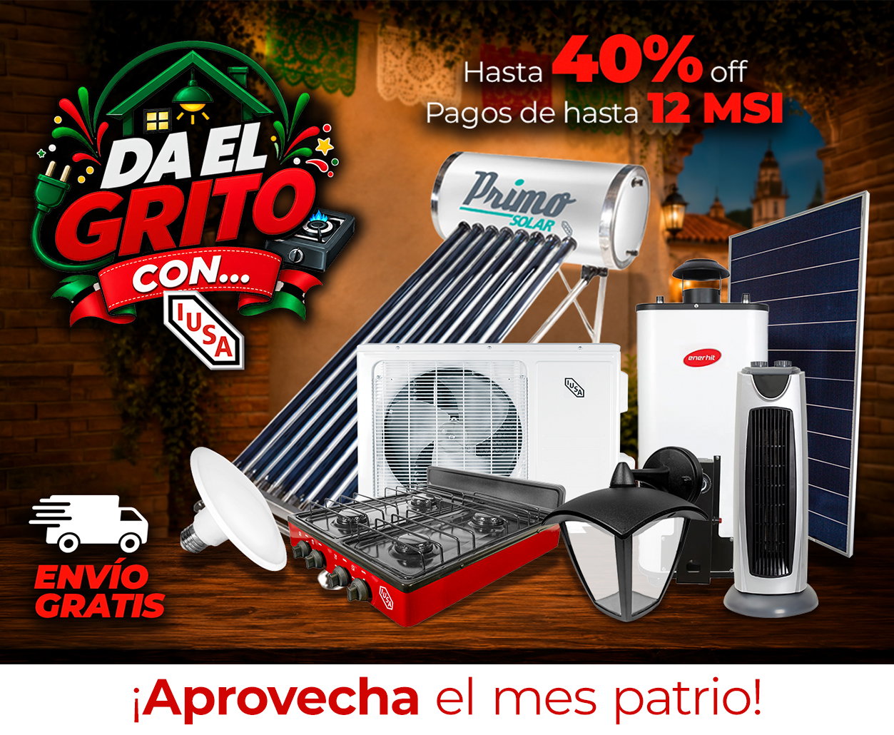 Banner of solar water heater, solar panel, aircon, gas stove and appliances — up to 40% off with free delivery
