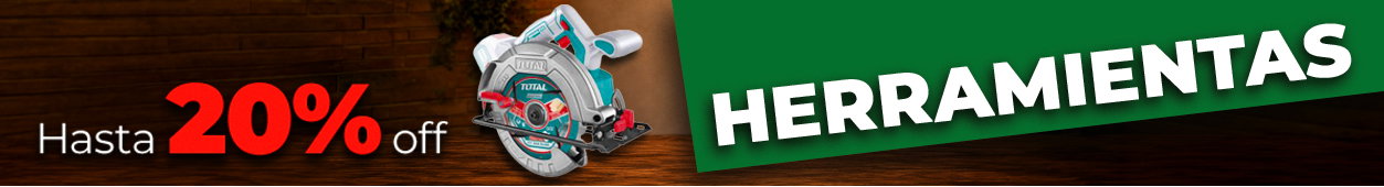 Banner showing a circular saw and Spanish text 'Hasta 20% off' with a large green ribbon 'HERRAMIENTAS' (tools) promoting discounts
