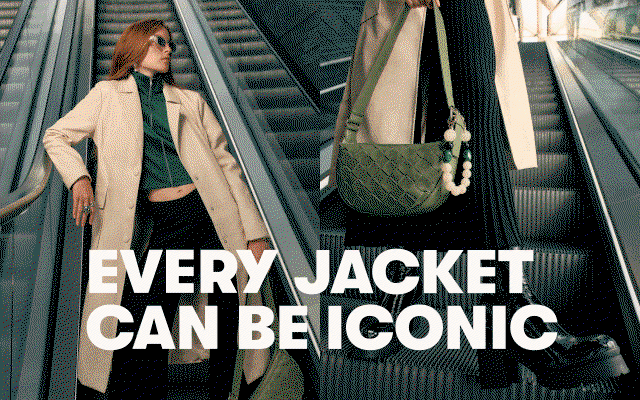 Woman wearing a light-coloured jacket on an escalator with a green bag. Text reads 