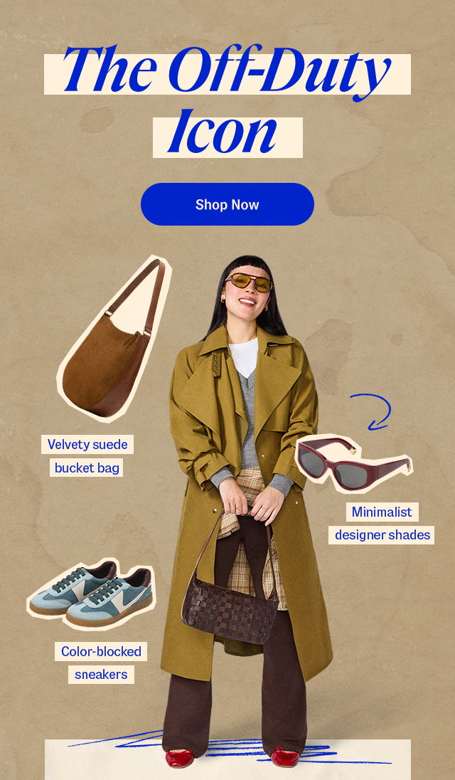 The off-duty icon. Shop now. Woman in an olive trench coat carrying a textured handbag beside a suede bucket bag, suede sneakers, and sunglasses.