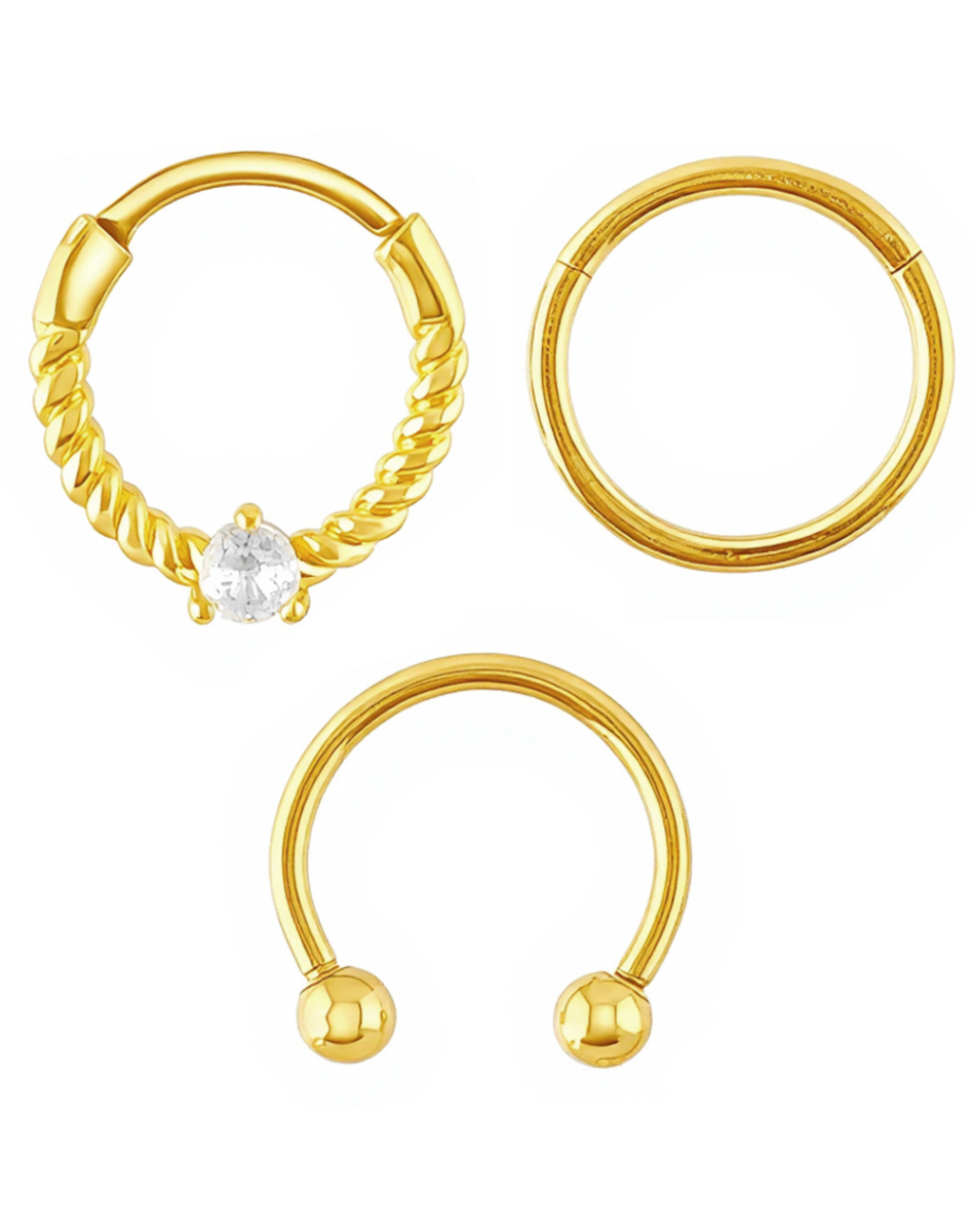 Multi-Pack CZ 14K Gold-Plated Septum Rings 3 Pack - 16 Gauge