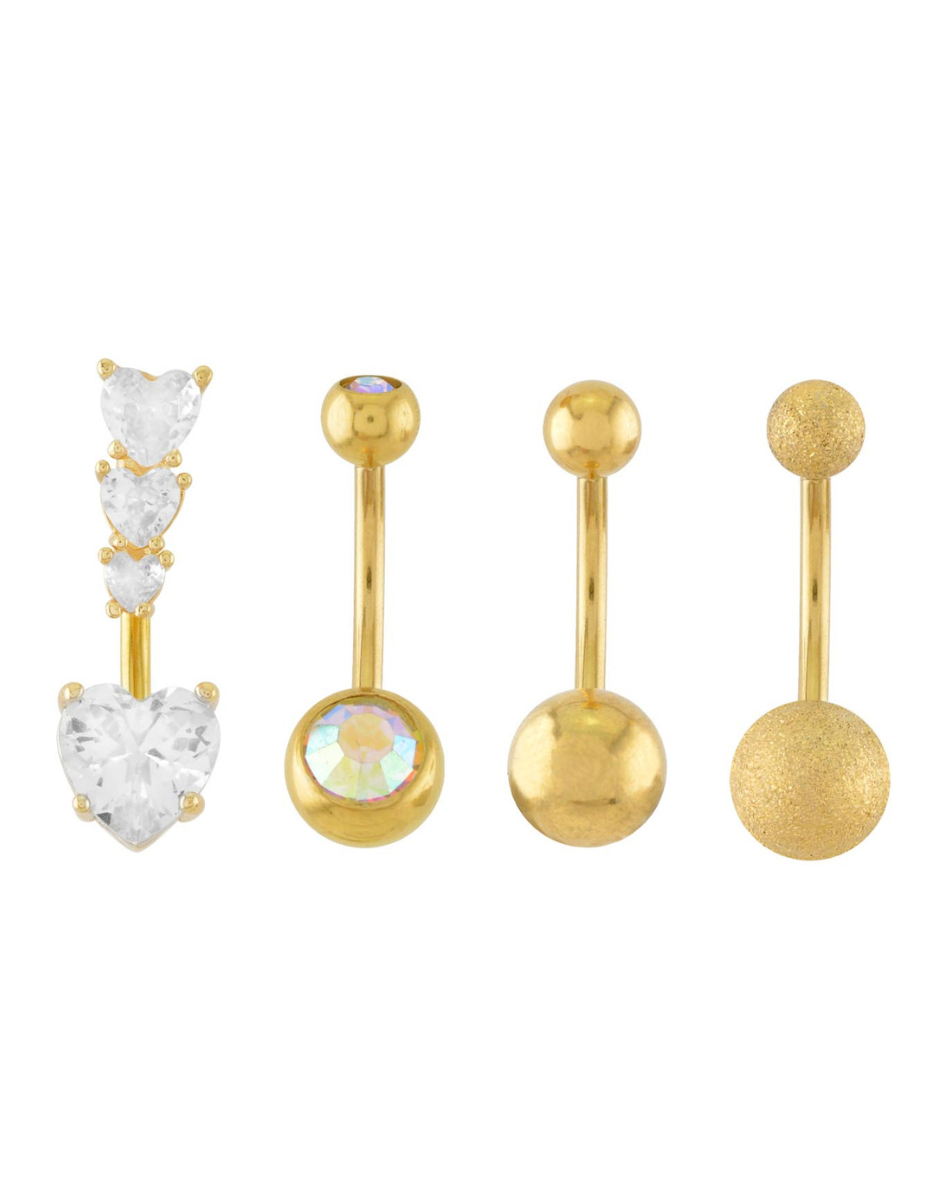 Multi-Pack 14K Gold-Plated CZ Heart Belly Rings 4 Pack - 14 Gauge