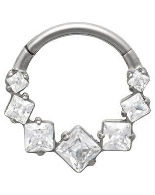 ASTM F-136 Titanium Square CZ Hinged Septum Ring - 16 Gauge