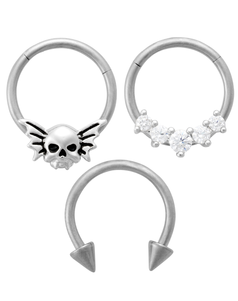Multi-Pack CZ Titanium Skull Horseshoe and Hinged Hoop Septum Rings 3 Pack - 16 Gauge