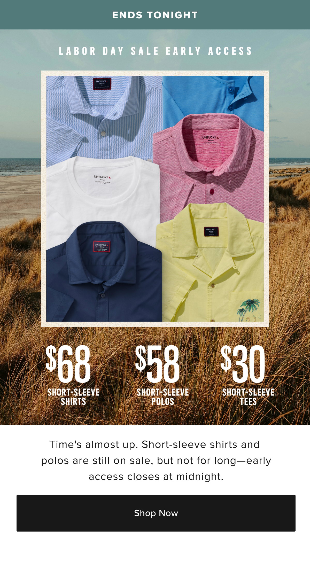 Labor Day Sale Early Access- Ends tonight. Image of a collection of UNTUCKit shirts. 