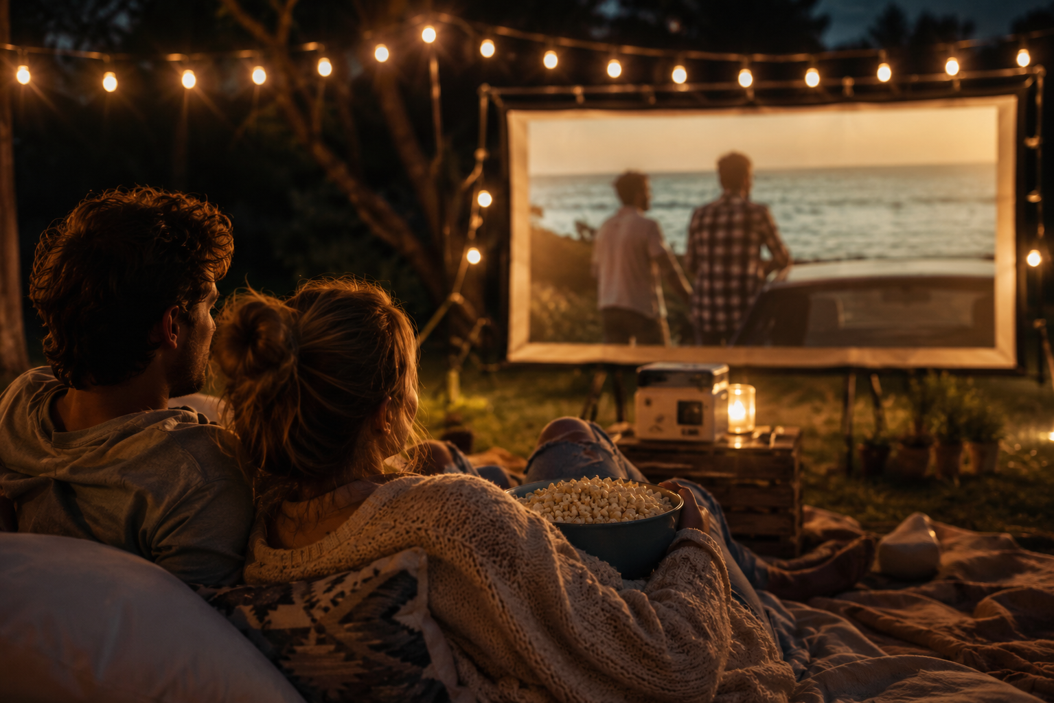 Couple relaxing under string lights while watching a movie outdoors, sharing a bowl of popcorn on a cozy blanket.