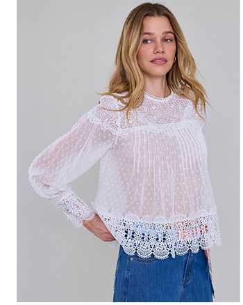 White Swiss Dot Blouse with Scalloped Lace Finishes
