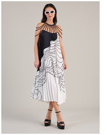 Black Pleated Maxi Dress With Knife Pleats and Contrasting Black and White Abstract Design and Open Yoke Neckline