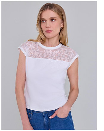 White Short Sleeve Top with Embroidered Mesh Yoke