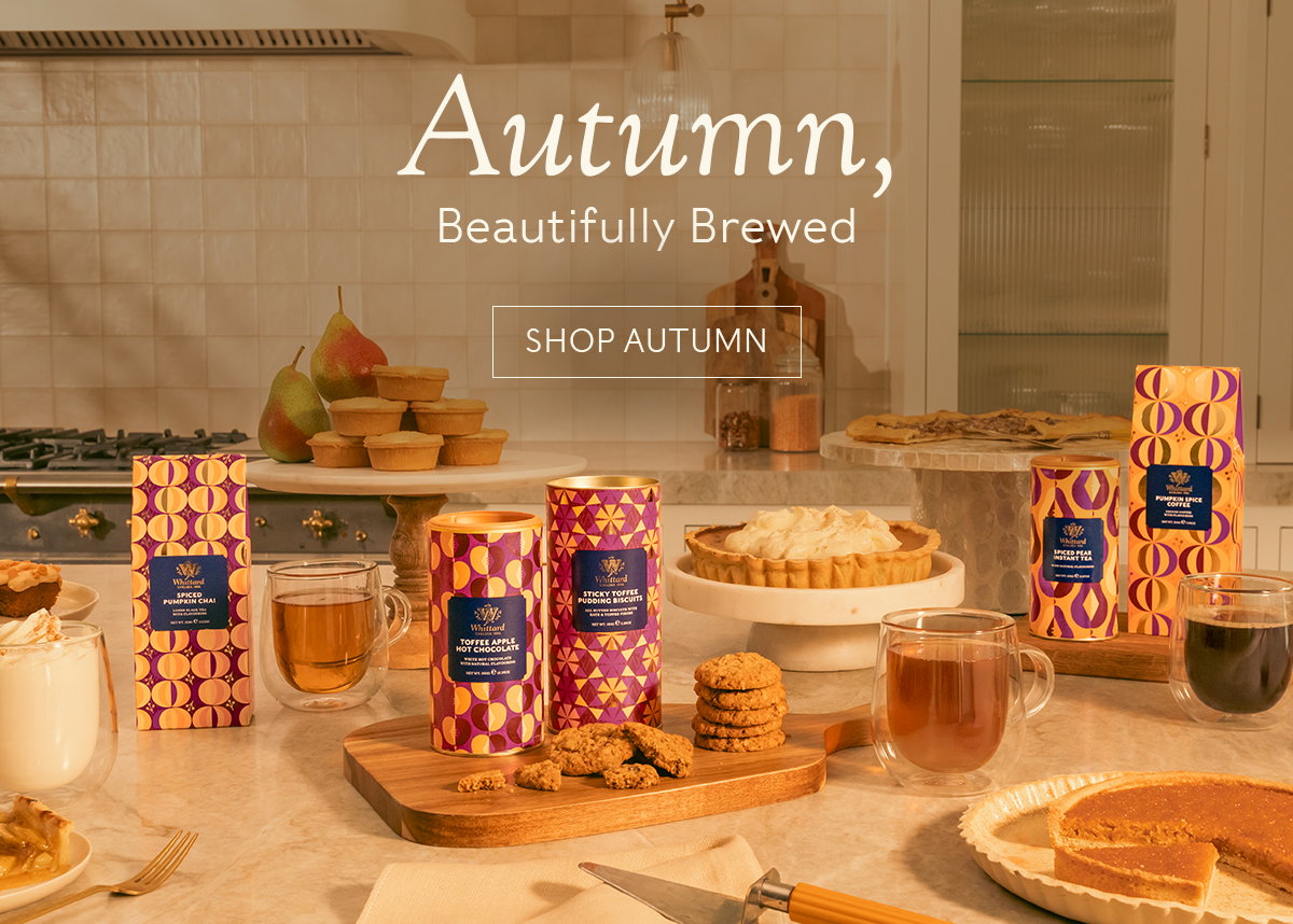 Hero image of autumn products with 'Autumn, beautifully brewed' and a shop autumn CTA