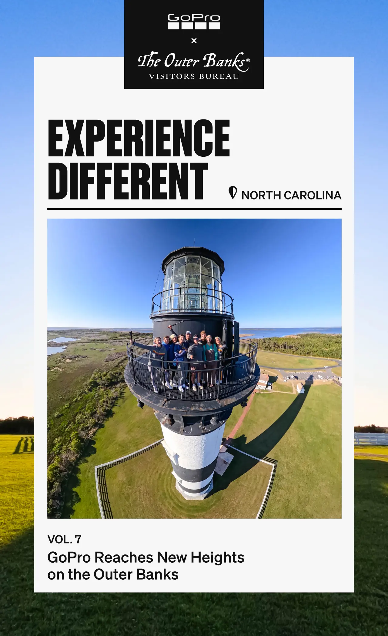 Group of people posing on the top of the Cape Lookout Lighthouse in a GoPro campaign graphic.