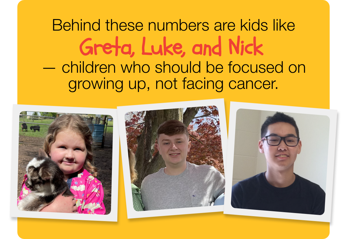Behind these numbers are kids like Greta, Luke, and Nick — children who should be focused on growing up, not facing cancer.