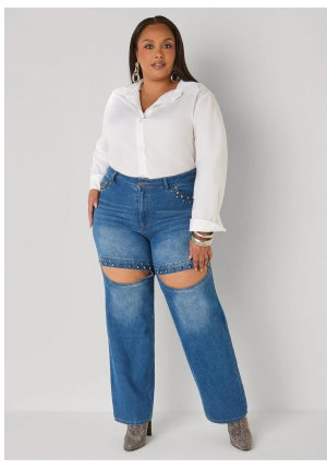 Studded Cutout Straight Leg Jeans