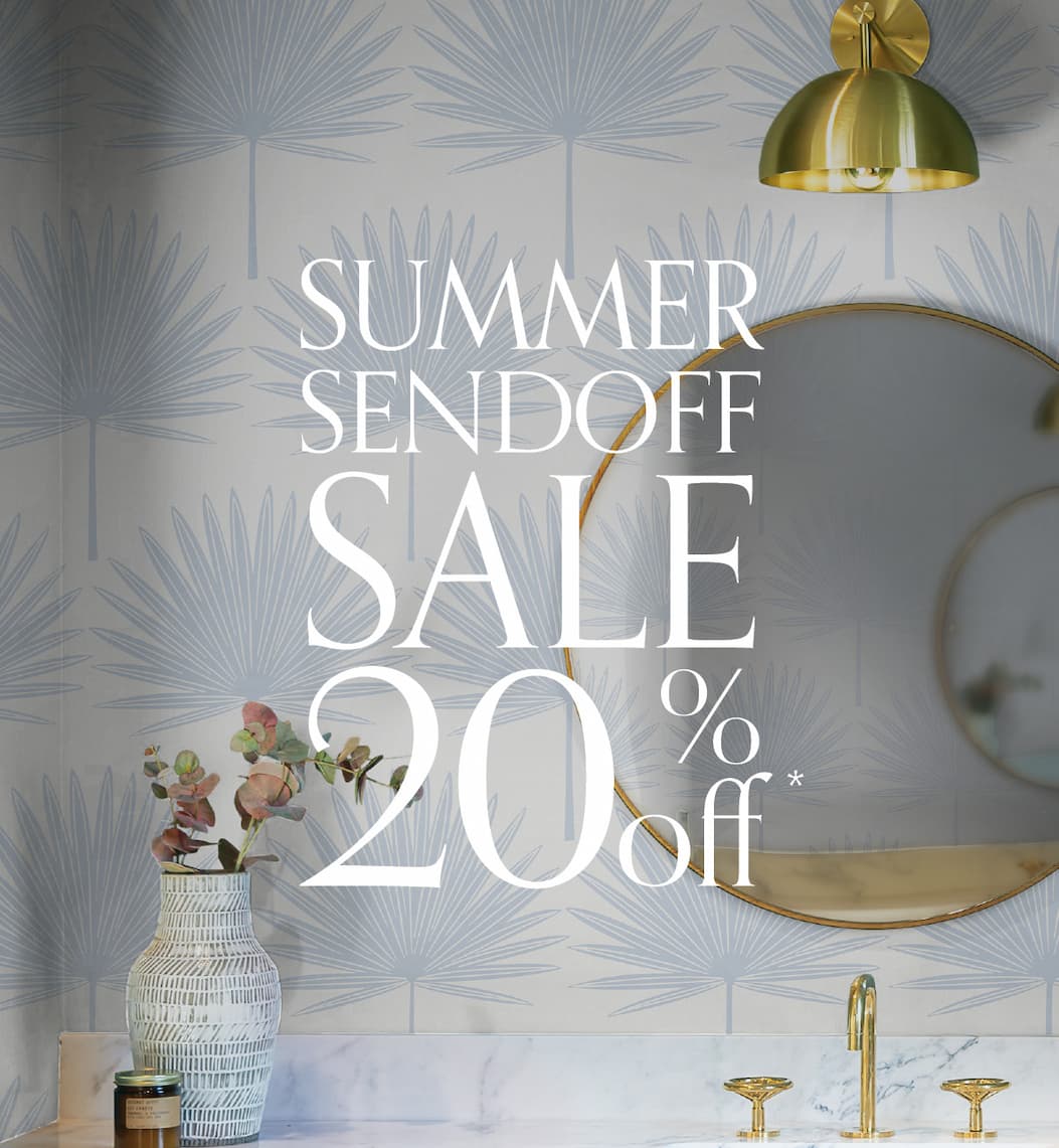 Image of Tempaper's Stamped Palm wallpaper installed in a bathroom. Text overlay Summer Sendoff Sale 20% off*