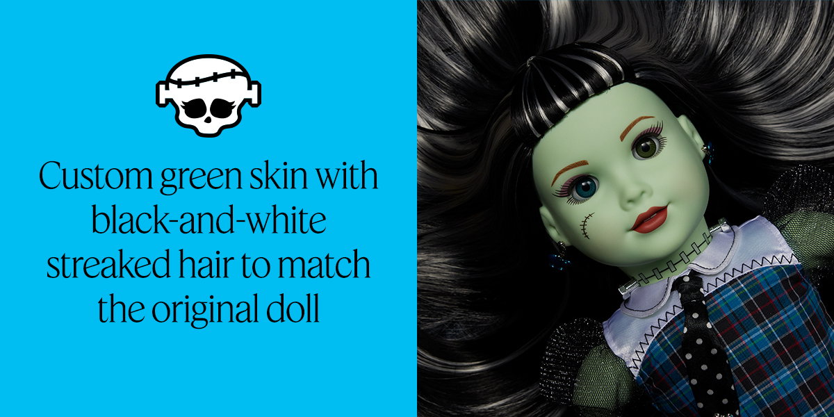 custom green skin with black and white streaked hair to match the orignal doll.