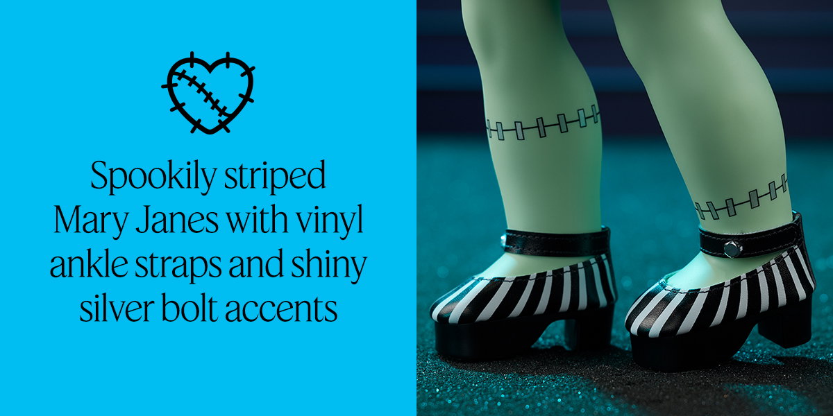 spookily striped Mary Janes with Vinyl ankle straps and shiny silver bolts accents.