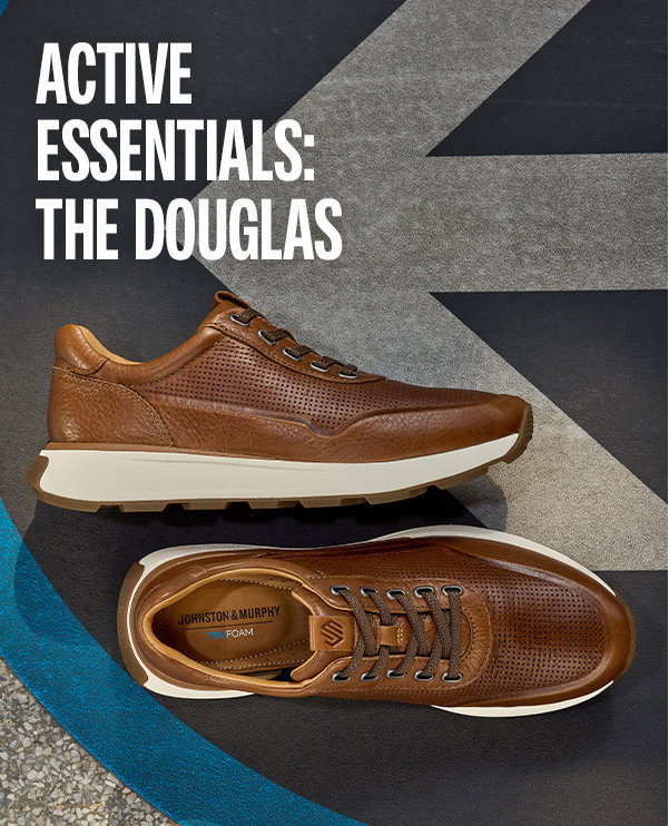 Brown Douglas sneakers displayed on a graphic floor. Text reads: 