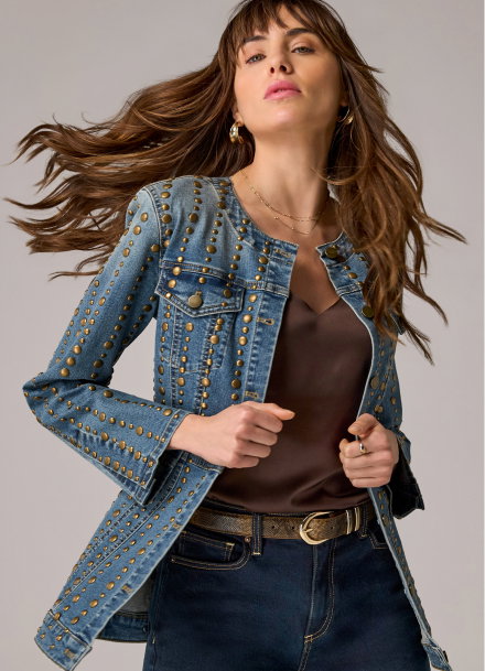 Antique Brass Studded Denim Utility Jacket