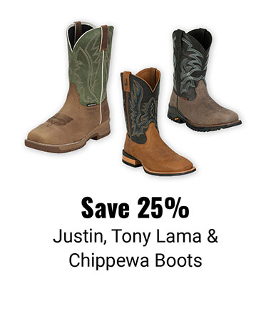 Save 25% Justin, Tony Lama and Chippewa Boots