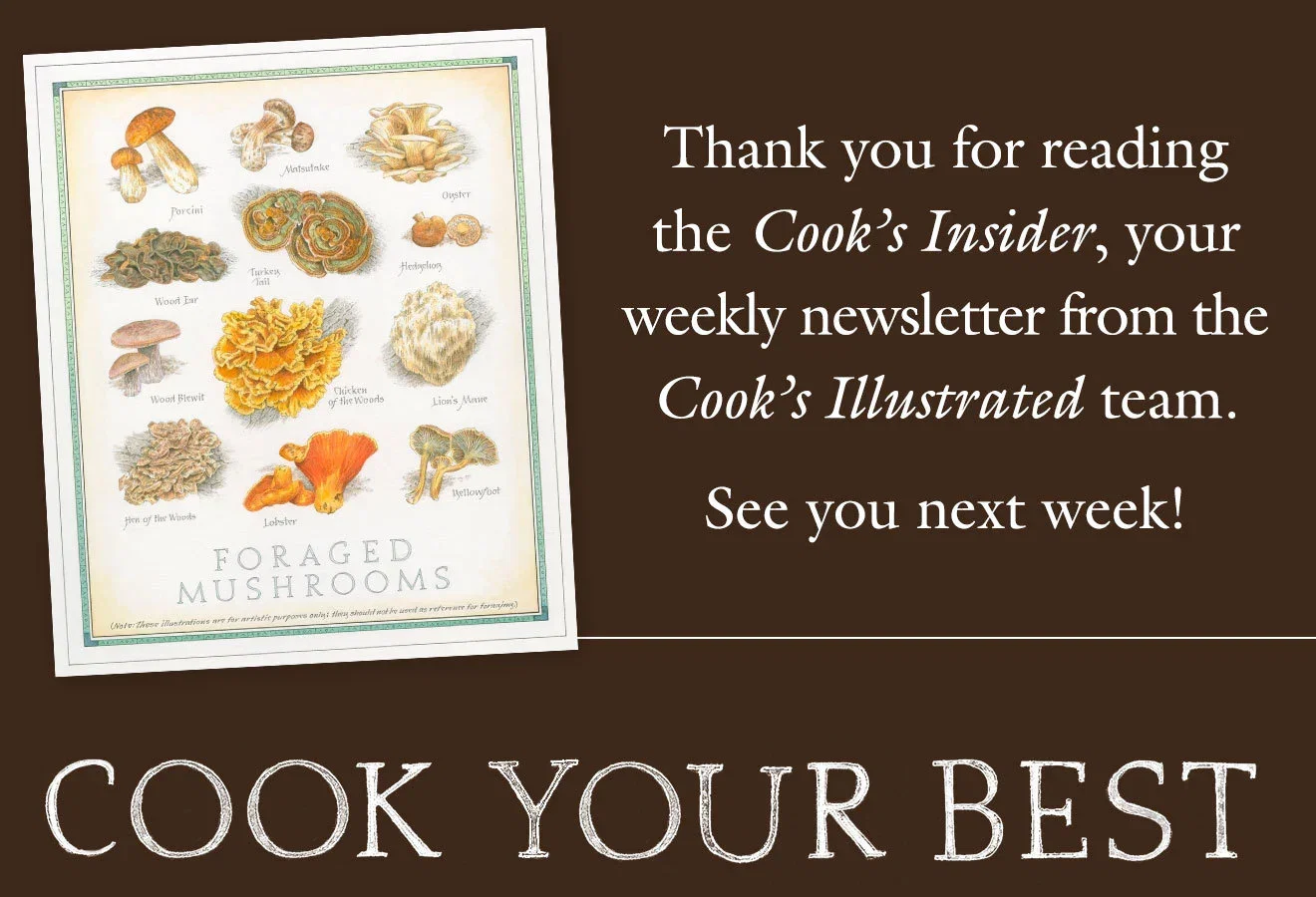Thank you for reading the Cook's Insider, your weekly newsletter from the Cook's Illustrated. See you next week! Cook your best