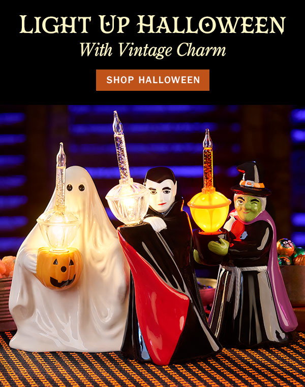 Light Up Halloween With Vintage Charm. Shop Halloween. Mr. Ghost, Count Dracula & Winking Witch Halloween Bubble-Lights 