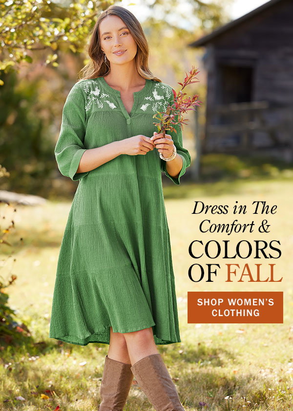 Dress in the Comfort & Colors of Fall. Shop Women's Clothing. Embroidered Leaves Tiered Crinkle Cotton Dress