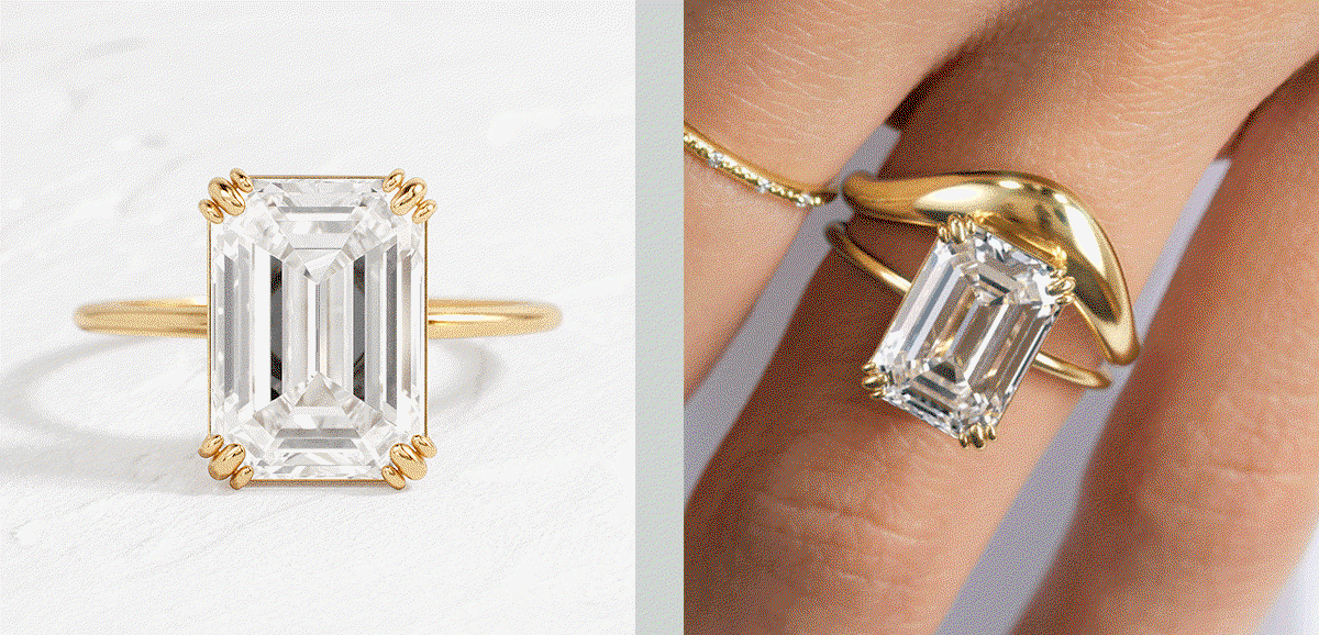 Overview of some of the rings available in the Silhouette Boxes, shown on textured white backgrounds and worn by models.