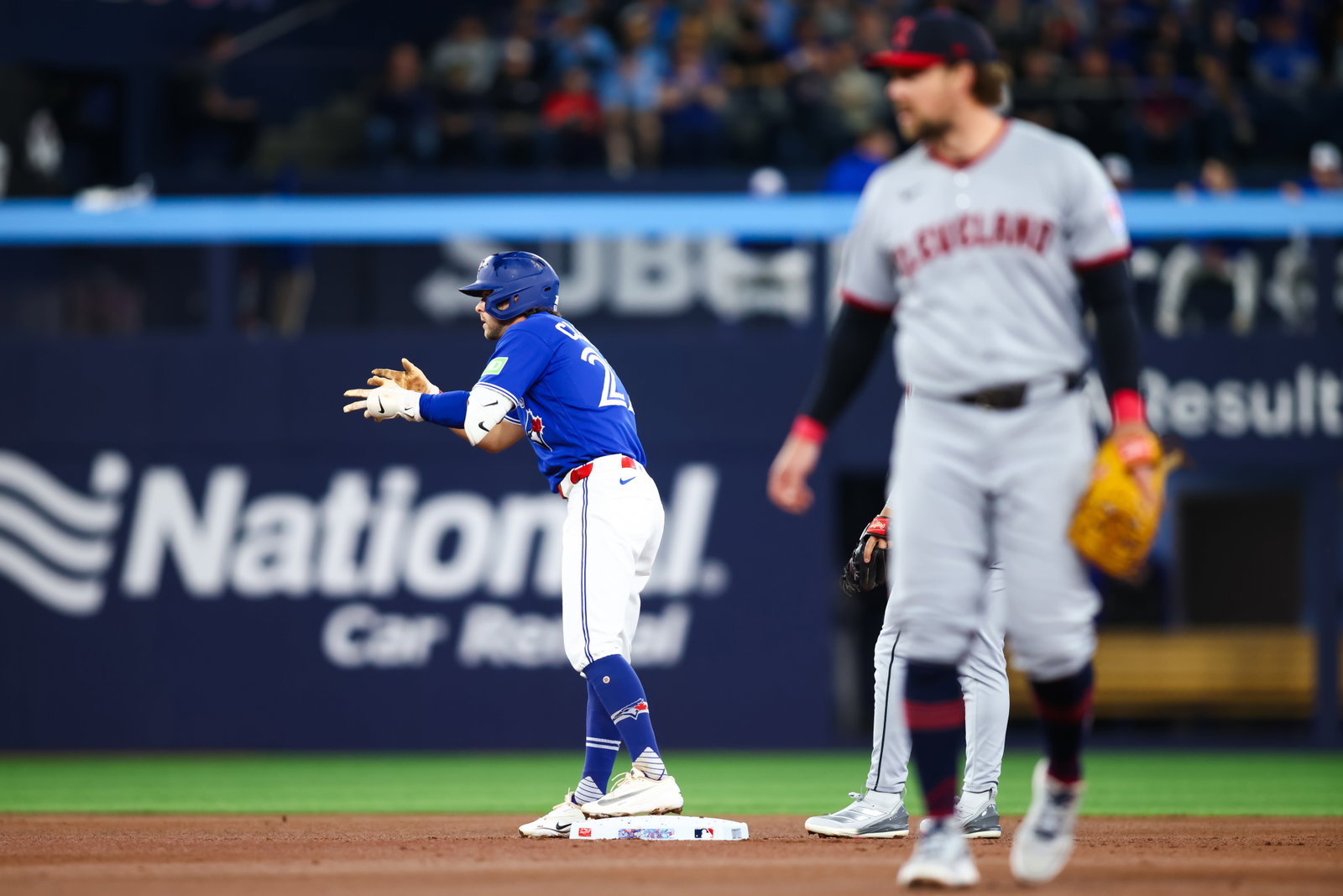 Ernie Clement on second base when the Blue Jays played the Guardians