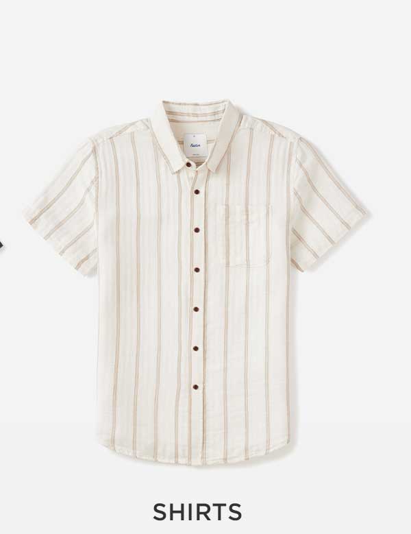 Cream striped short-sleeve button-up shirt, product flat lay