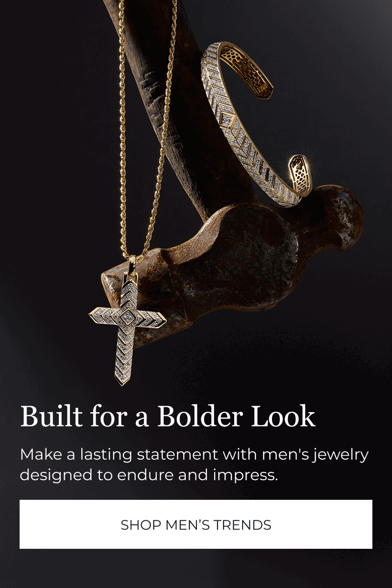 Men’s pendant and bracelet hanging on hammer. Built for a bolder look. Designed to endure. Click to Shop Men's Trends