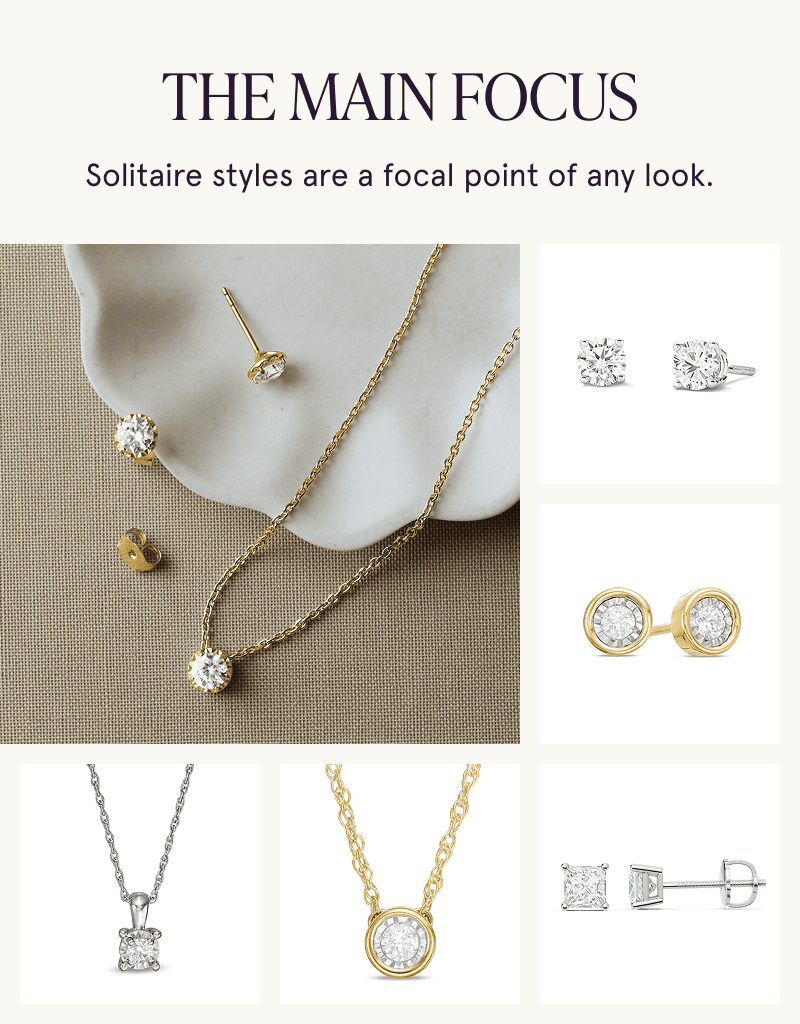 A gold diamond solitaire pendant with matching earrings and close ups of more solitaire styles. A focal point of any look.