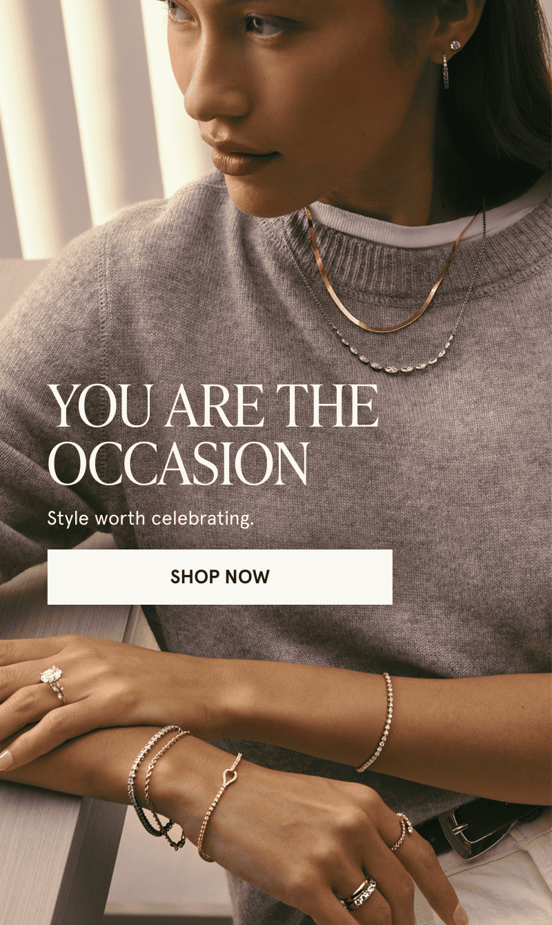 A model wearing gold diamond jewelry. Style worth celebrating. Click here to shop now
