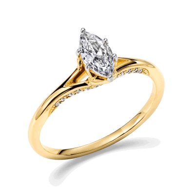 Marquise-cut diamond engagement ring in yellow gold with diamond accents on the band.