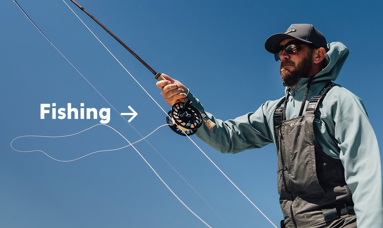 An angler in fishing gear, holding a rod with text: Fishing