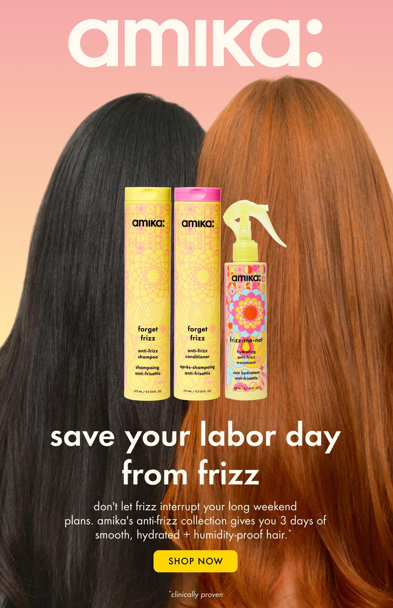 amika's anti-frizz collection gives you smooth, hydrated, humidity-proof hair