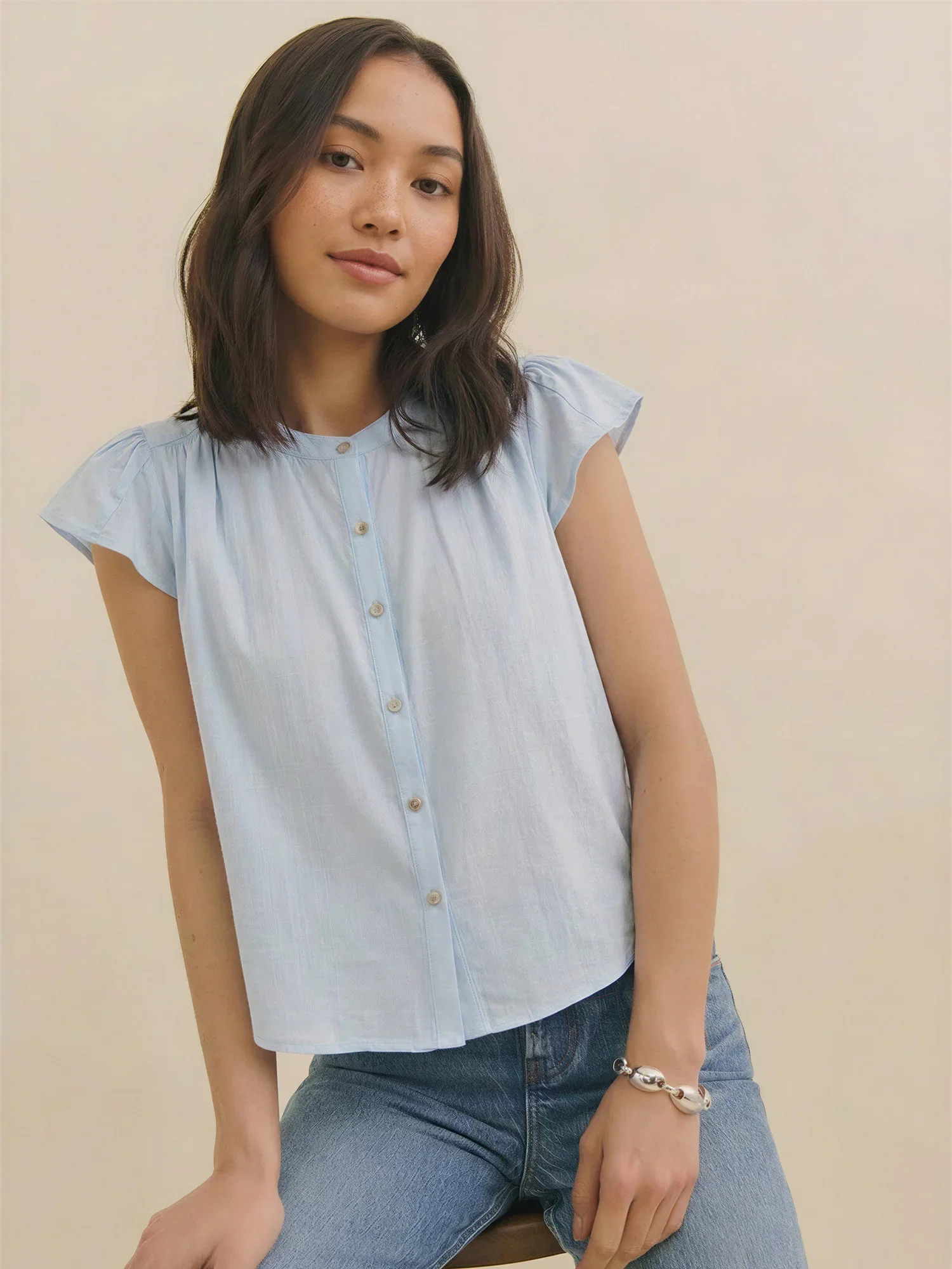 Image of Short Sleeve Flutter Sleeve Ruched Button Down Shirt