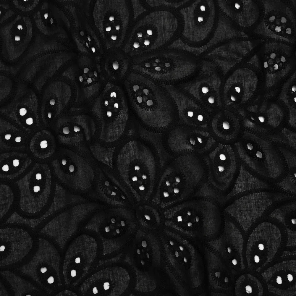Image of Embroidered Eyelet Cotton Voile - Black Big Flowers - Naomi Collection