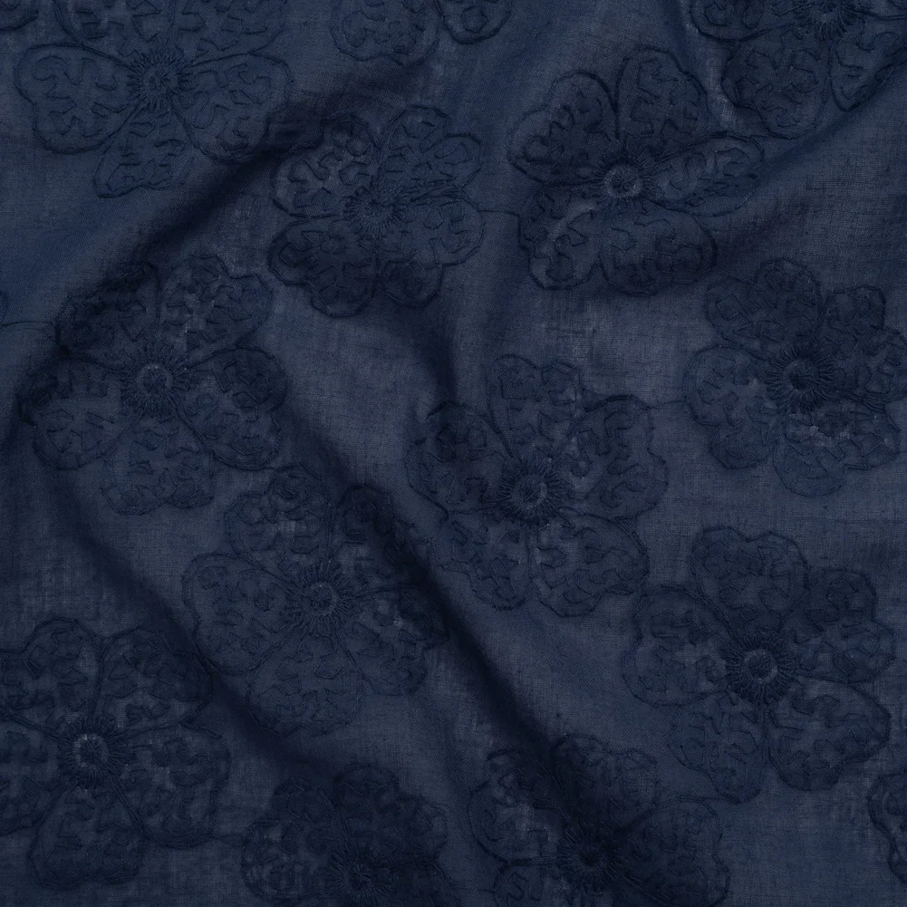 Image of Embroidered Eyelet Cotton Voile - Medieval Blue Big Tossed Flowers - Naomi Collection