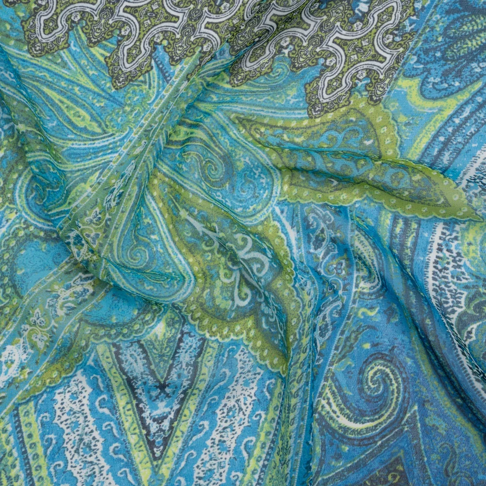 Image of Polyester Chiffon Print - Blue and Green Paisley Patchwork - Designer Deadstock