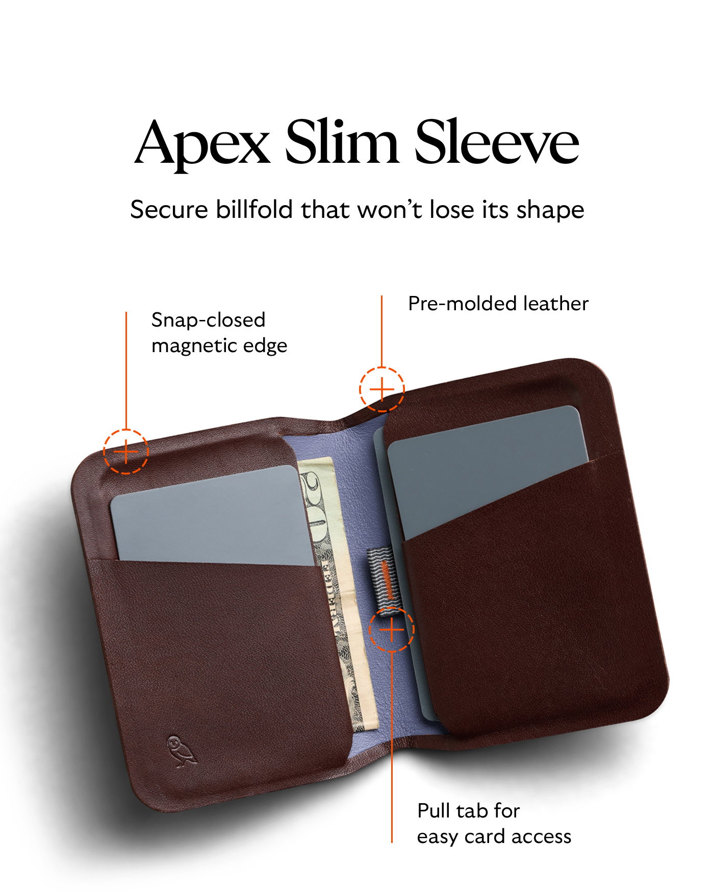 [Header] Apex Slim Sleeve [Subhead] Secure billfold that won’t lose its shape [Feature arrows] Pre-molded leather  Snap-closed magnetic edge Pull tab for easy card access