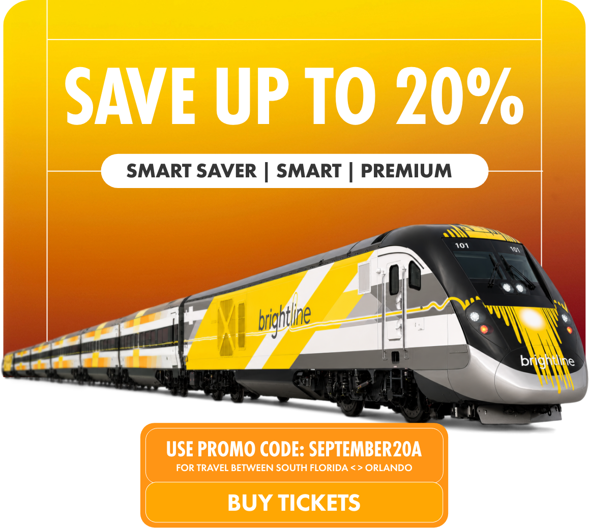 Promotional graphic featuring a Brightline high-speed train with yellow and gray livery. The headline text offers savings of up to 20% on fares, highlighting Smart Saver, Smart, and Premium options. A call-to-action banner displays the promo code SEPTEMBER20A for travel between South Florida and Orlando, along with a button to buy tickets. The overall design uses a warm yellow-to-orange gradient background to emphasize the discount offer.