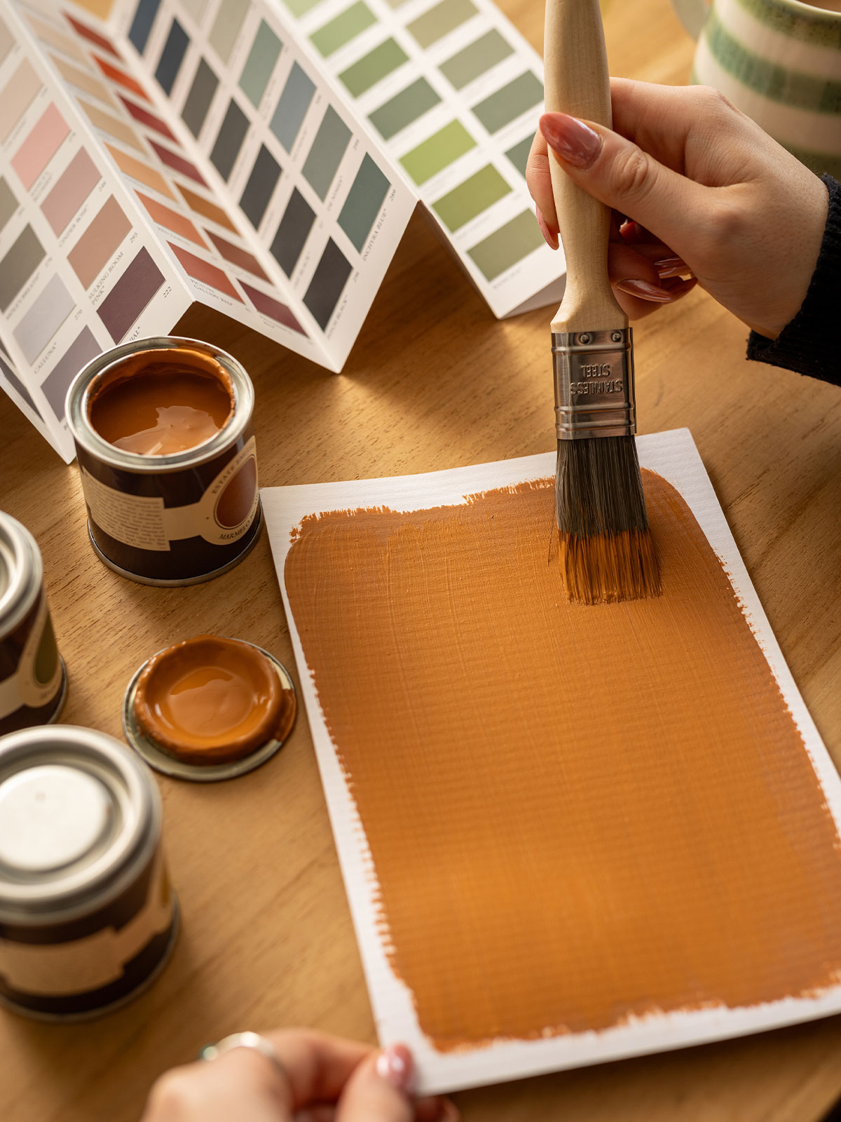 Hand painting a brownish-orange swatch beside colour charts and paint tins.