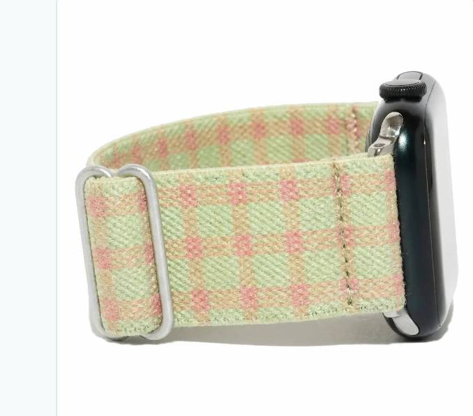 Pistachio plaid knit Apple Watch band with silver clasps