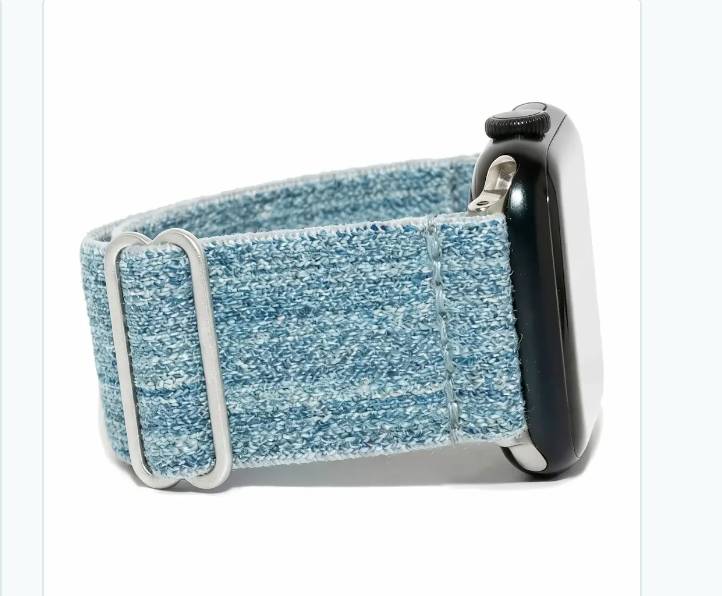 Blue knit Apple Watch band with silver clasps