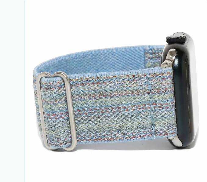 Blue and white knit Apple Watch band with silver clasps