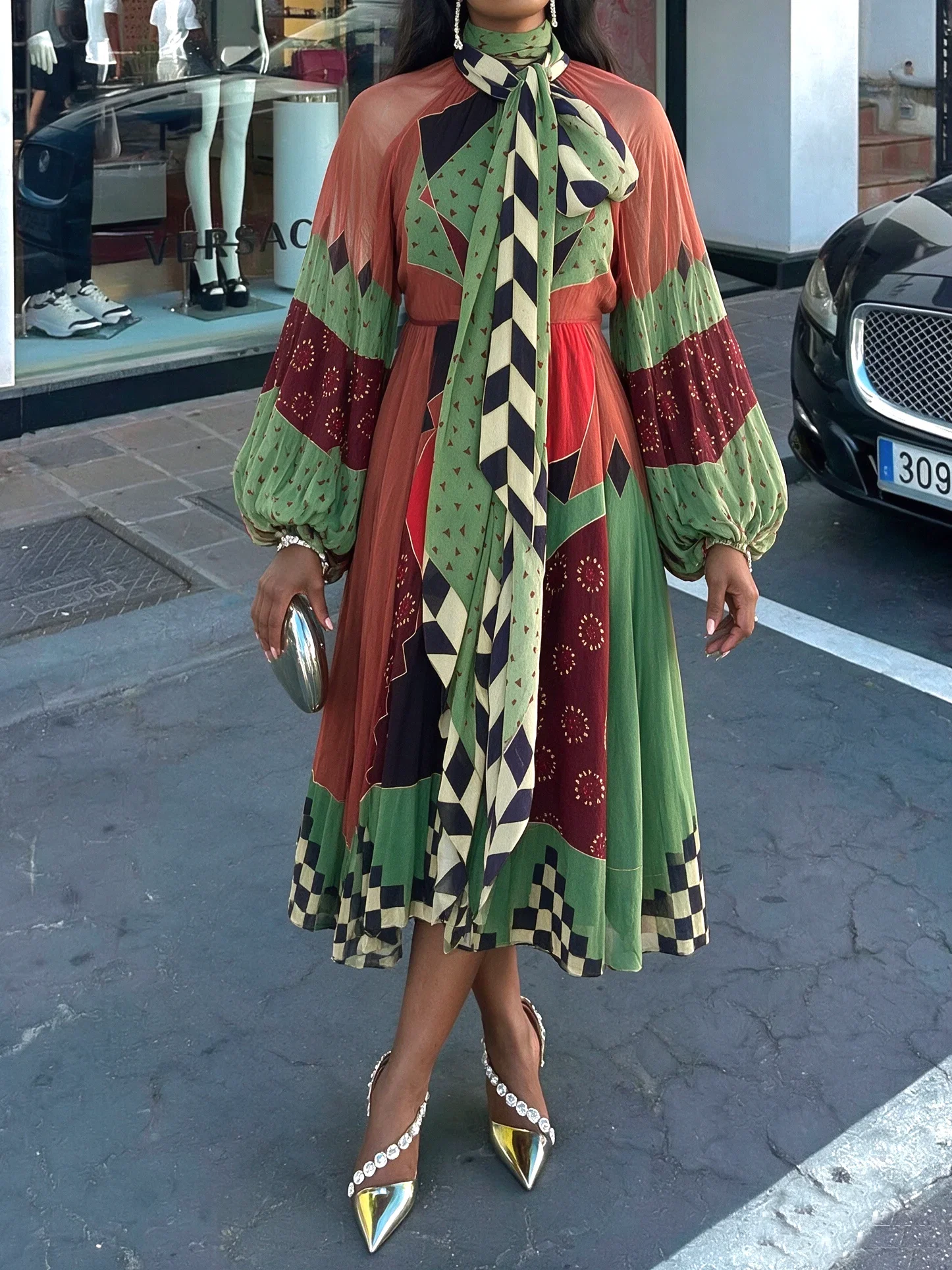 Elegant Geometric Balloon Sleeve Printing Tie Neck Maxi Dress