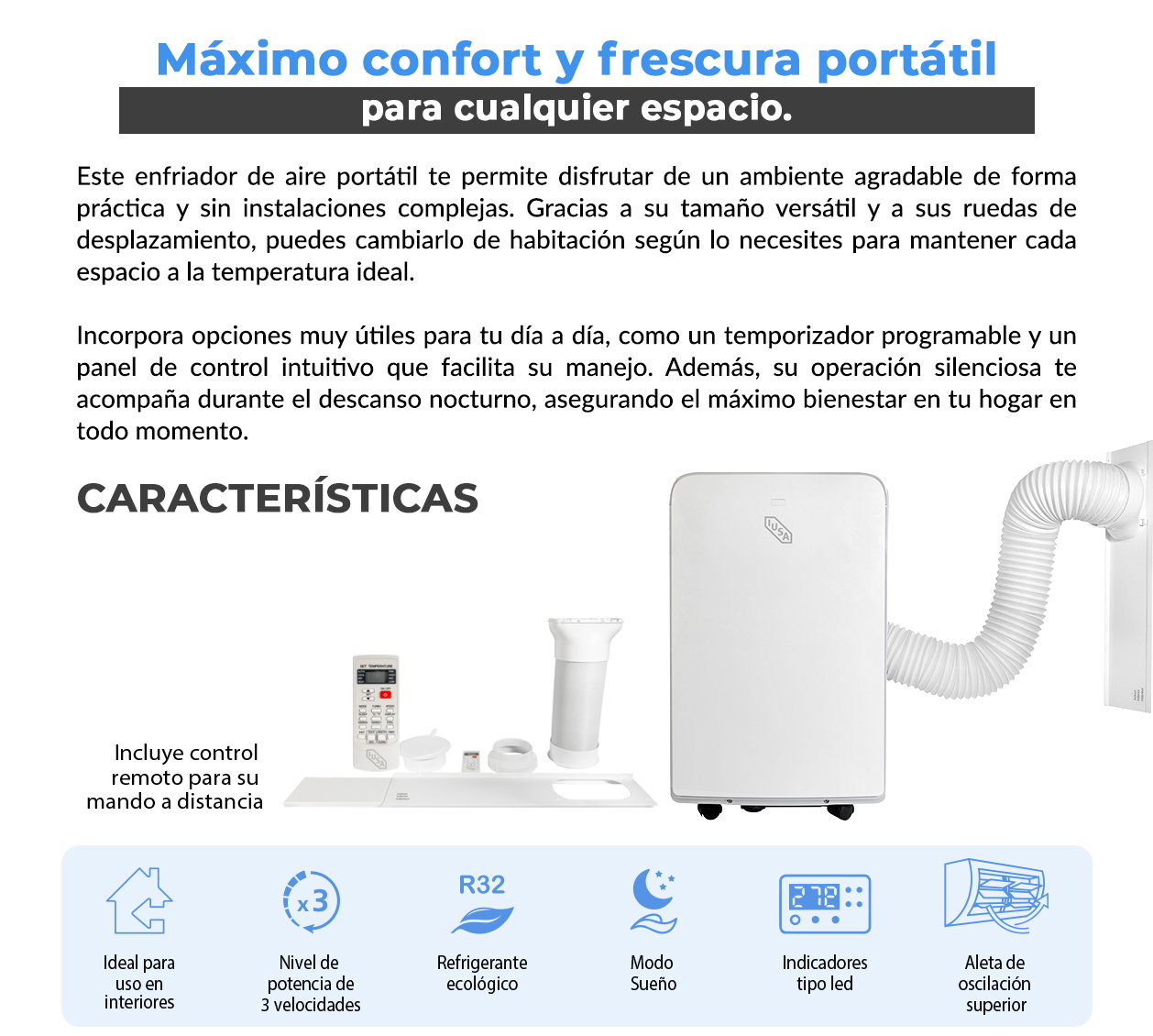 Portable air conditioner unit with exhaust hose, remote control and accessories displayed on product brochure with Spanish text and feature icons