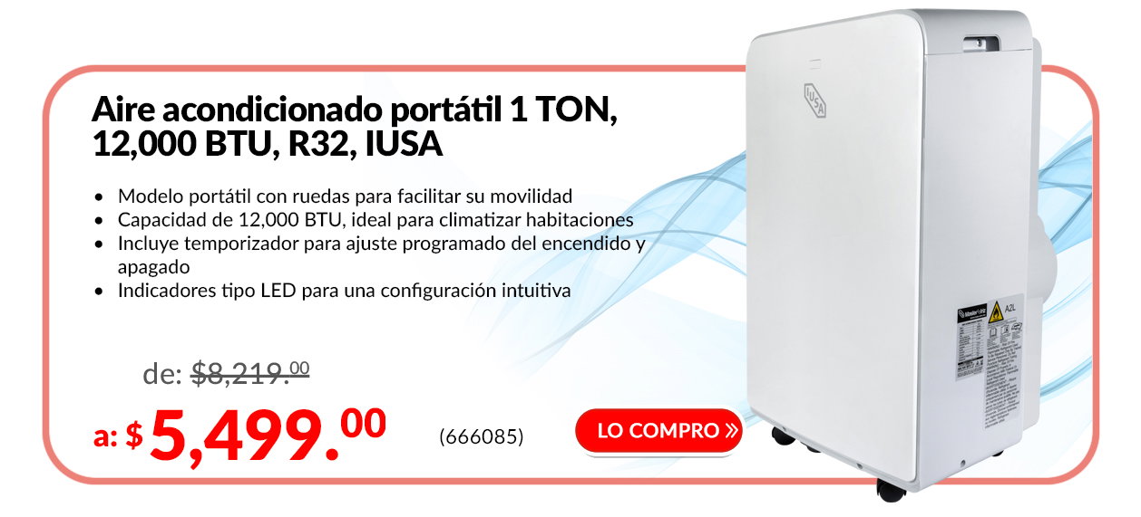 White IUSA portable air conditioner on wheels, 1‑ton (12,000 BTU) R32 with timer and LED indicators, product promo