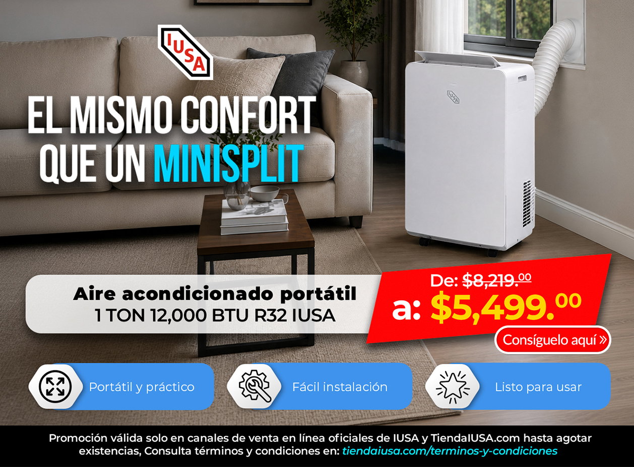 IUSA portable air conditioner 1‑ton (12,000 BTU) R32 beside sofa in living room, compact unit with exhaust hose, portable and easy to install